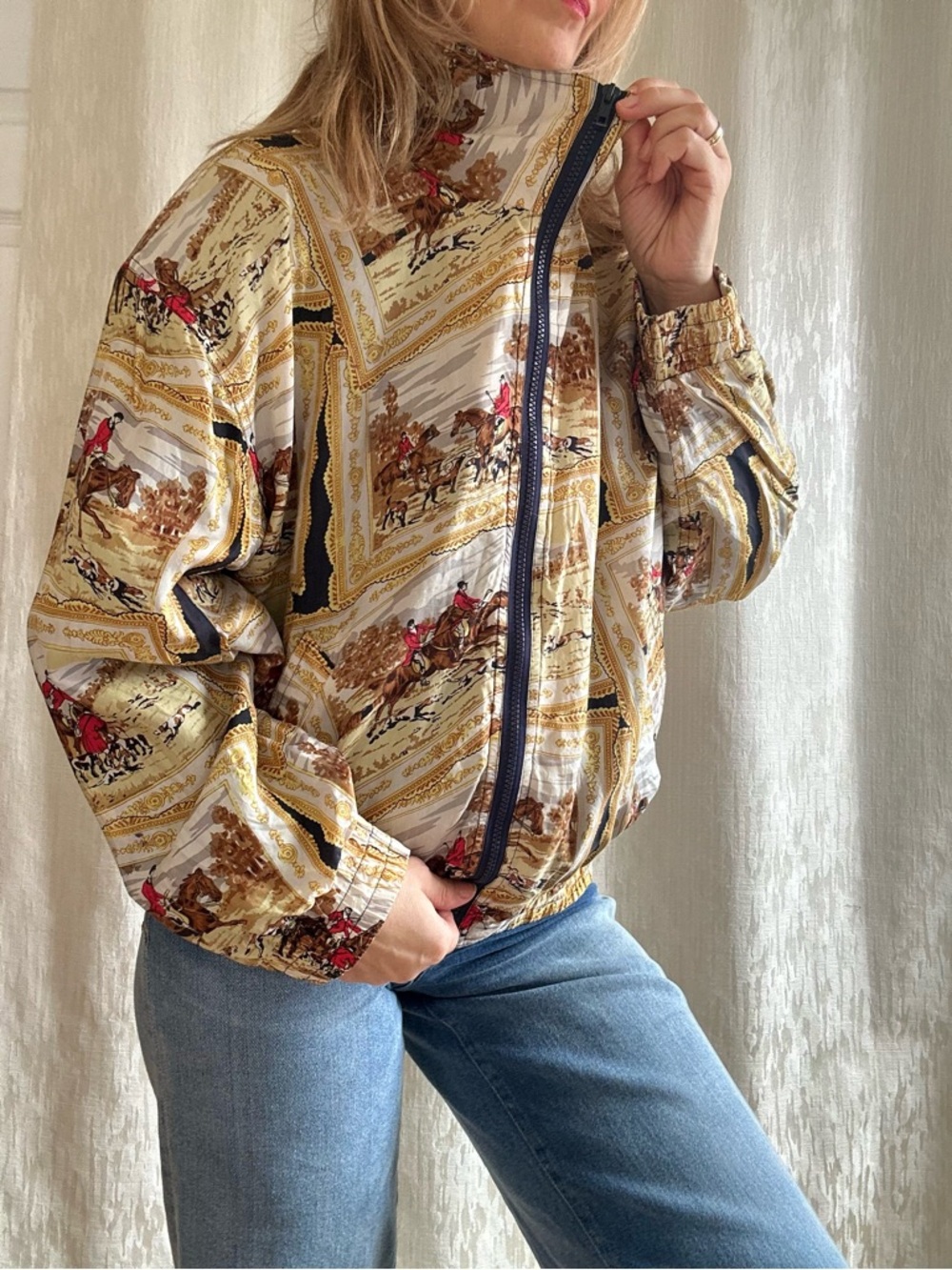 Vintage Bogari Studio 100% Silk Equestrian Fox Hunt Bomber Jacket -Funnel Neck - Picture 3 of 9